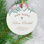 Rosa Blumendärme Taufe personalisiert Gott segne Keramik Ornament<br><div class="desc">Aquarellfarbene,  rosafarbene magnolische Blume,  grünes Blattwerk,  Eukalyptus-Blätter und eine handgeschriebene Kalligraphie-Schrift machen aus einer schönen Taufe ein personalisiertes Weihnachtswein-Ornament.</div>