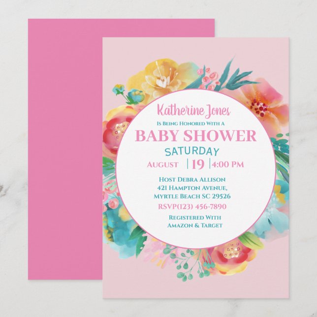 Rosa Blumendusche Einladung (Vorne/Hinten)