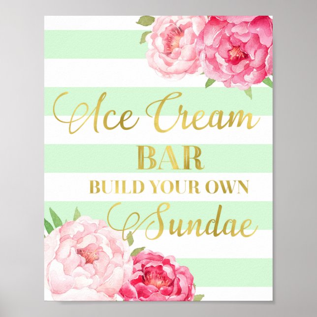 Rosa Blumeneis Bar signieren Goldminze Streifen Poster (Vorne)