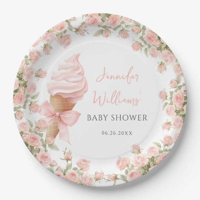 Rosa Blumeneis Creme Summer Baby Dusche Pappteller (Vorderseite)