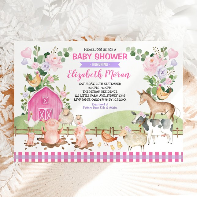 Rosa Blumenfarm Barnyard Animals Girl Baby Dusche Einladung (Von Creator hochgeladen)