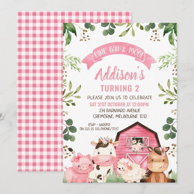 Rosa Blumenfarm und Barn Geburtstag Einladung (Vorne/Hinten)