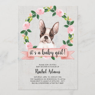 Rosa Blumenfranzose-Stier-HundeBabyparty Einladung