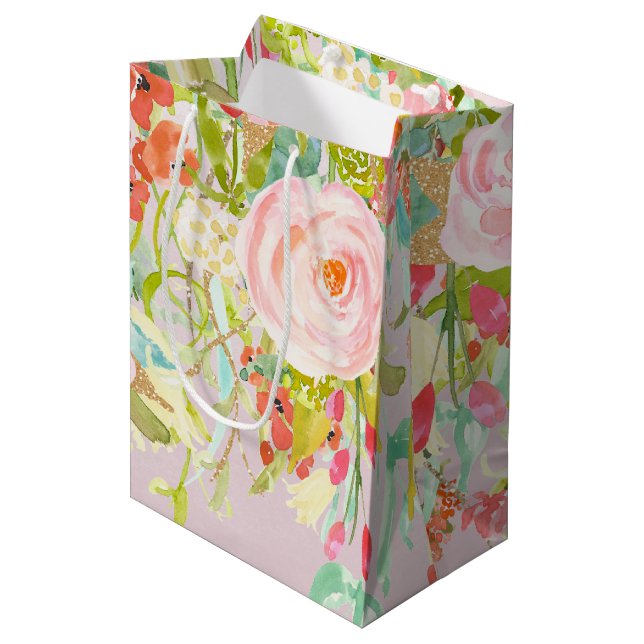 Rosa Blumengarten-Aquarell Mittlere Geschenktüte (Vorderseite Schrägansicht)