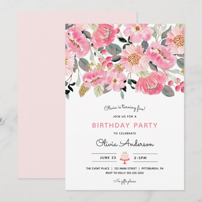 Rosa Blumengarten Girl Birthday Einladung (Vorne/Hinten)