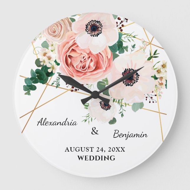Rosa Blumengarten Hochzeitsfeier Persönlich gestal Große Wanduhr (Vorderseite)