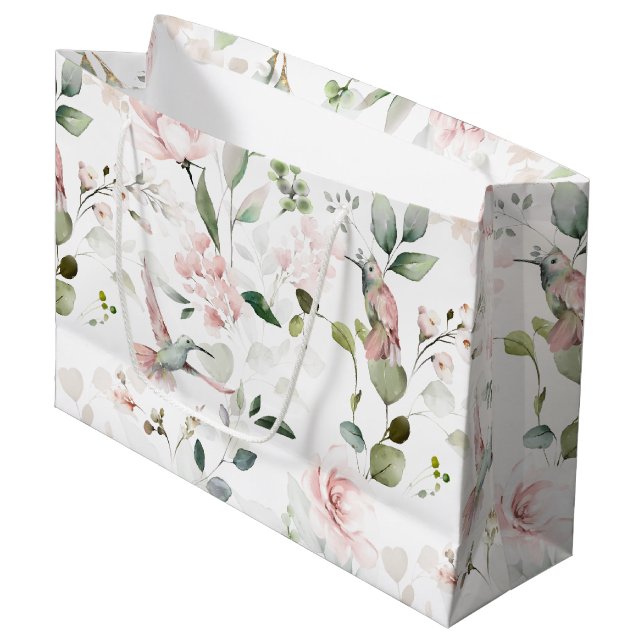 Rosa Blumengarten Hummingbird Große Geschenktasche Geschenktüte (Vorderseite Schrägansicht)