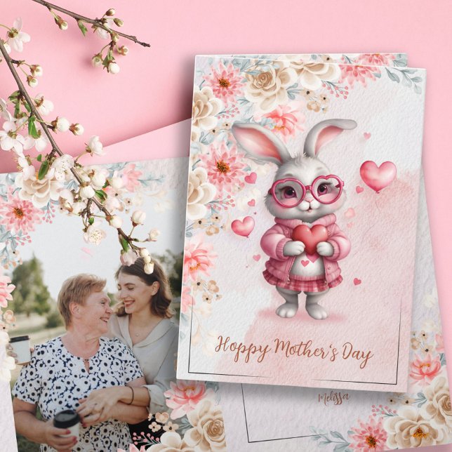Rosa Blumengarten & Liebe Sonniges Foto Muttertag Karte (Pink Floral Charm & Love Bunny Photo Mother's Day Card)