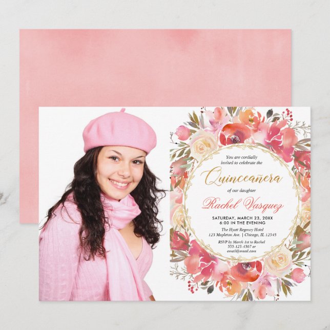 Rosa Blumengarten Quinceanera Foto Einladung (Vorne/Hinten)