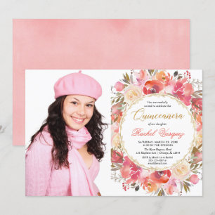 Rosa Blumengarten Quinceanera Foto Einladung