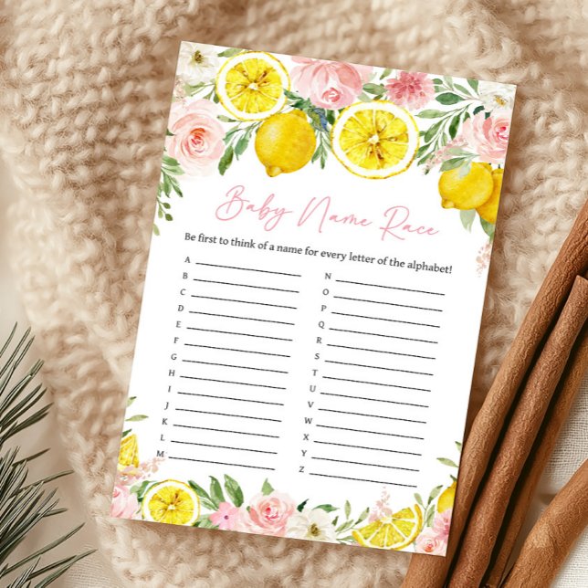 Rosa Blumengeburtstag-Babynamen-Rennspiel (Summer Lemon Citrus Baby Shower Baby Name Race Game)