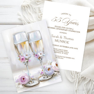 Rosa Blumengekt Champagnergläser 55. Hochzeitstag Einladung