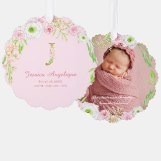 Rosa Blumengoldbrief "J" Monogram Birth States Ornament Karte