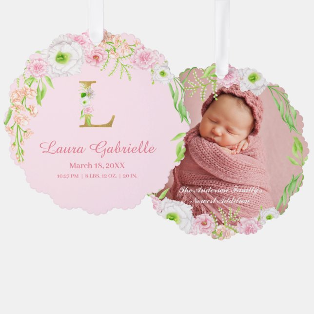 Rosa Blumengoldbuchstabe "L" Monogram Birth States Ornament Karte (Vorderseite/Rückseite)