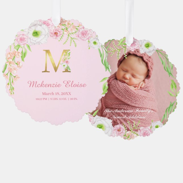 Rosa Blumengoldbuchstabe "M" Monogram Birth States Ornament Karte (Vorderseite/Rückseite)