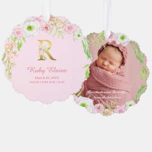 Rosa Blumengoldbuchstabe "R" Monogram Birth States Ornament Karte