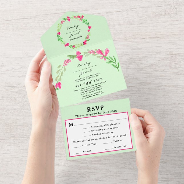 Rosa Blumengrün Blassgrün-schick Hochzeit RSVP All In One Einladung (Abreißen)