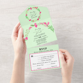 Rosa Blumengrün Blassgrün-schick Hochzeit RSVP All In One Einladung