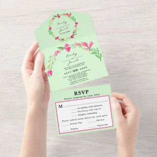 Rosa Blumengrün Blassgrün-schick Hochzeit RSVP All In One Einladung