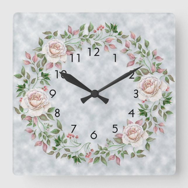 Rosa Blumengrün Blätter auf der hellblauen Wall-Uh Quadratische Wanduhr (Vorderseite)