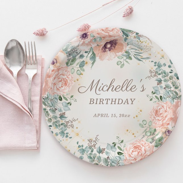 Rosa Blumengrün Blattgold Glitzer Geburtstag Pappteller (Blush pink floral and sage green leaves women's birthday party paper plates)