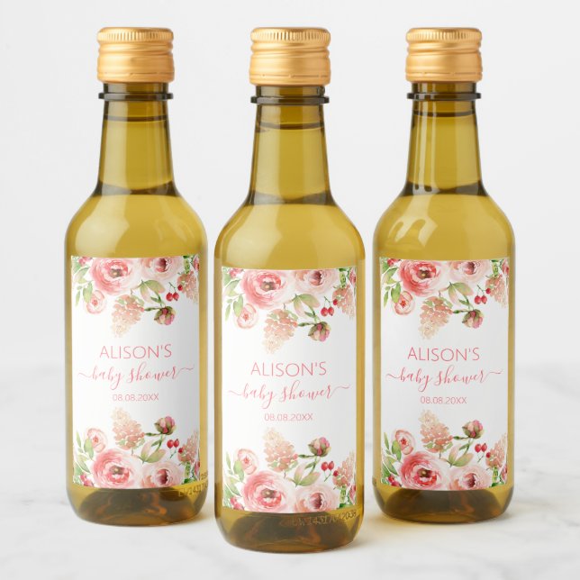 Rosa Blumengrün Girl Babydusche Mini Weinetikett (Flaschen)
