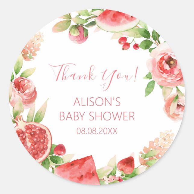 Rosa Blumengrün Girl Babydusche Runder Aufkleber (Vorderseite)