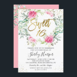 Rosa Blumengrün Gold Script Sweet 16 Geburtstag Einladung<br><div class="desc">Rosa Blumengrün Gold Script Sweet 16 Geburtstag Einladung</div>
