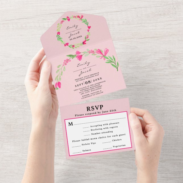 Rosa Blumengrün Hellrosa Chic Hochzeit RSVP All In One Einladung (Abreißen)