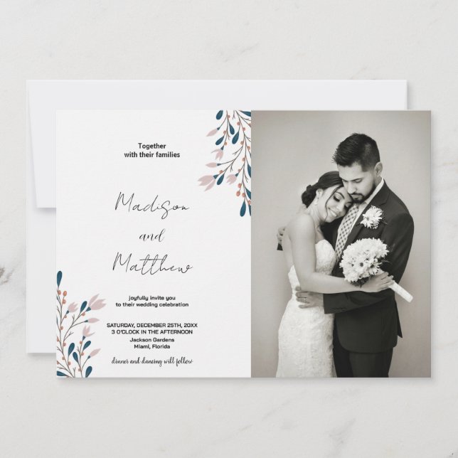 Rosa Blumengrün Hochzeitseinladungen mit Foto Einladung (Vorderseite)