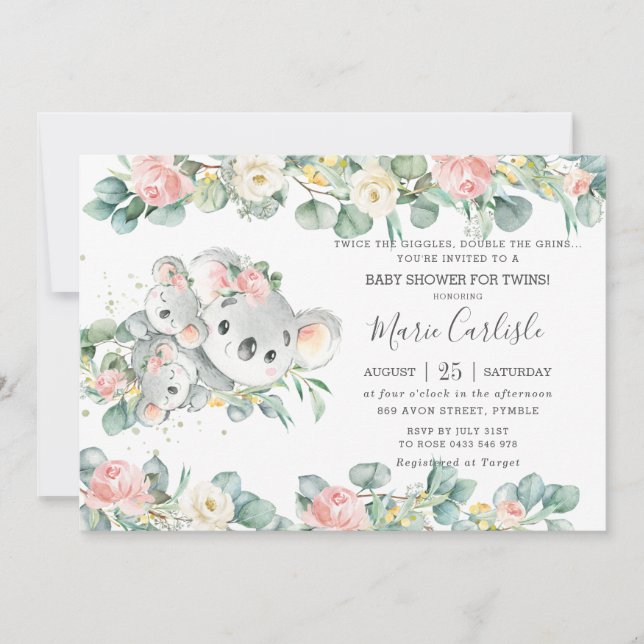 Rosa Blumengrün Koala Baby Dusche Twin Girls Einladung (Vorderseite)