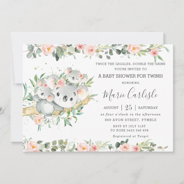 Rosa Blumengrün Koala Twin Girls Babydusche  Einladung (Vorderseite)