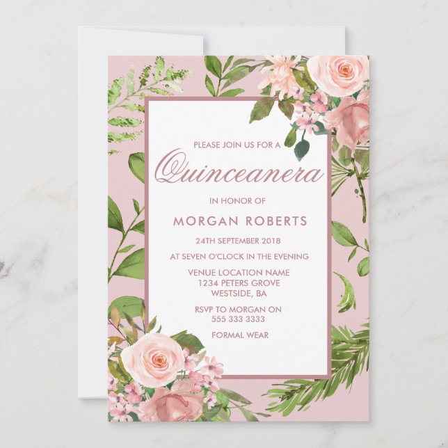 Rosa Blumengrün Leaf Quinceanera Einladung (Vorderseite)