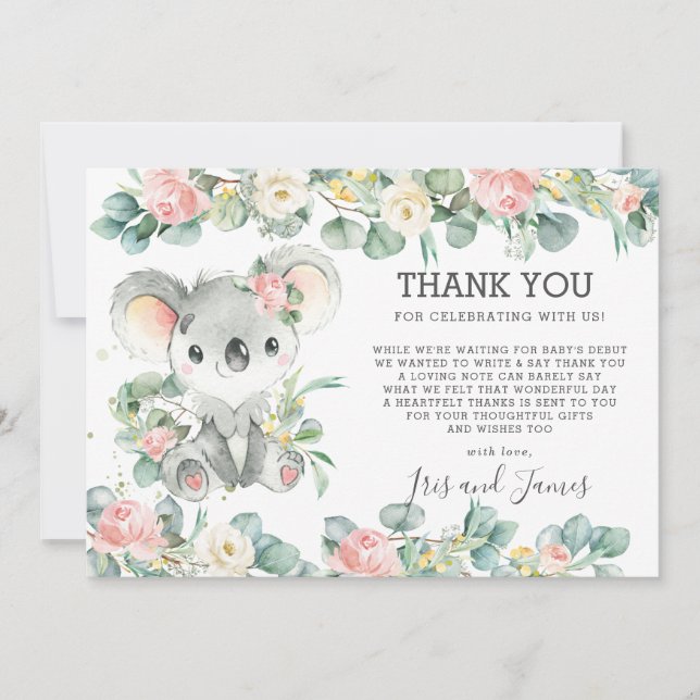 Rosa Blumengrün Niedlich Koala Babydusche Girl Dankeskarte (Vorderseite)