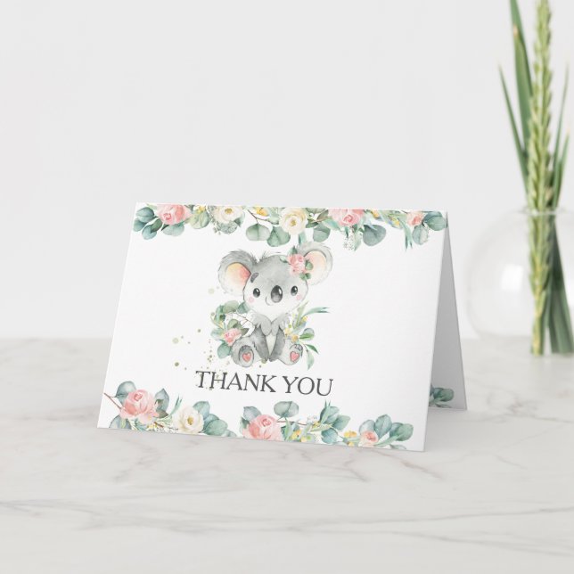 Rosa Blumengrün Niedlich Koala Girl Babydusche Dankeskarte (Vorderseite)