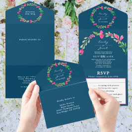Rosa Blumengrün Ozean Blau Chic Hochzeit RSVP All In One Einladung