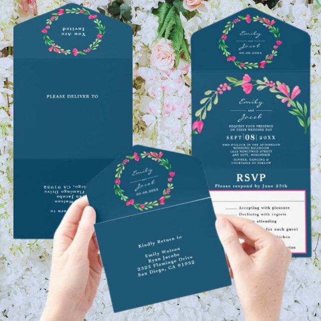 Rosa Blumengrün Ozean Blau Chic Hochzeit RSVP All In One Einladung (Von Creator hochgeladen)