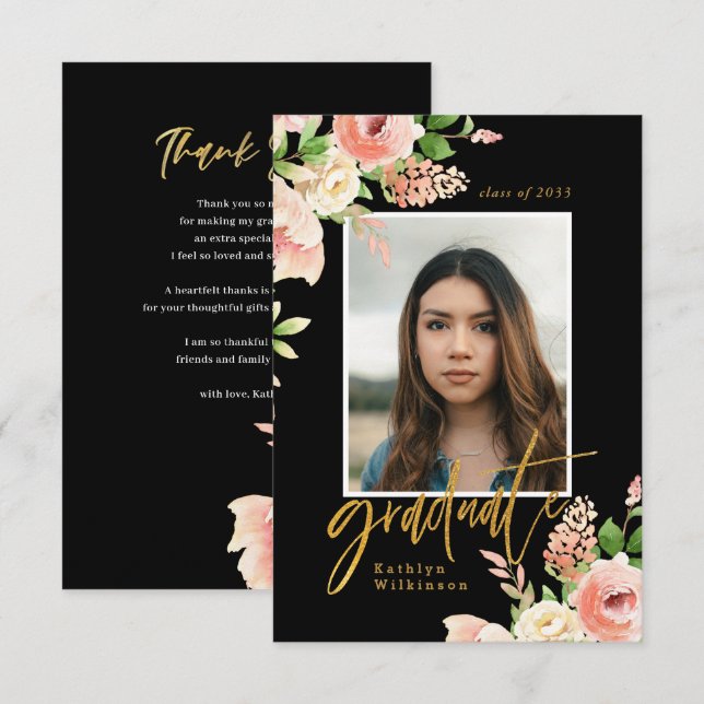 Rosa Blumengrün Rosa Foto GRAD Dankeskarte (Vorne/Hinten)