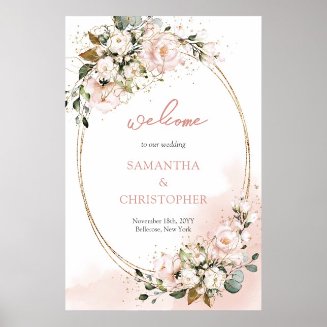 Rosa Blumengrün Rosa Glitzer Hochzeit Poster (Vorne)
