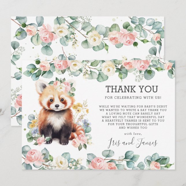 Rosa Blumengrün Sweet Red Panda Baby Dusche Dankeskarte (Vorne/Hinten)