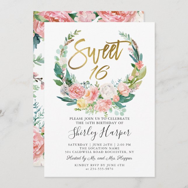 Rosa Blumengrün Wreath Gold Script Sweet 16 Einladung (Vorne/Hinten)