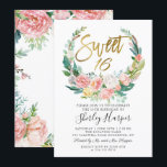 Rosa Blumengrün Wreath Gold Script Sweet 16 Einladung<br><div class="desc">Rosa Blumengrün Wreath Gold Script Sweet 16 Einladung</div>