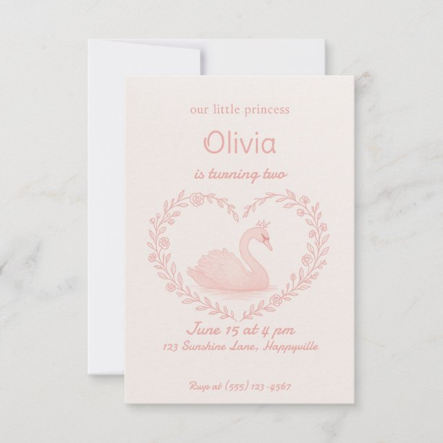 Rosa Blumenherz Swan Birthday Girl Einladung (Vorderseite)