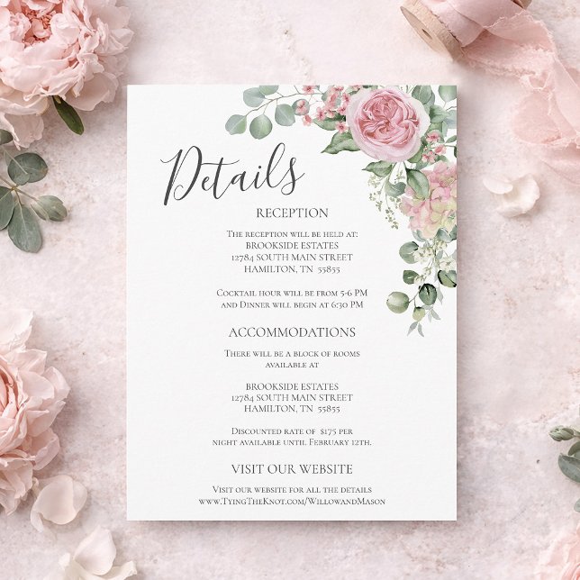 Rosa Blumenhochzeit Details Beilagekarte Postkarte (Pink Floral Rose Wedding Details Enclosure Card)