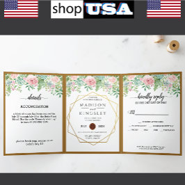 Rosa Blumenhochzeit 🌸 Eleganter Botanischer Frühl Dreifach Gefaltete Einladung