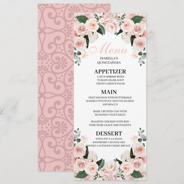 Rosa Blumenkarte Quinceanera Einladung (Vorne/Hinten)
