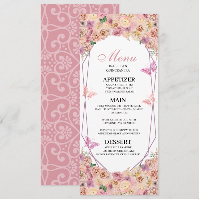 Rosa Blumenkarte Quinceanera Einladung (Vorne/Hinten)