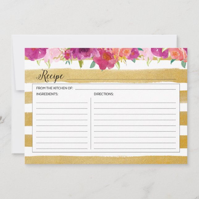 Rosa Blumenkarte und Gold Rezept Karte (Vorderseite)