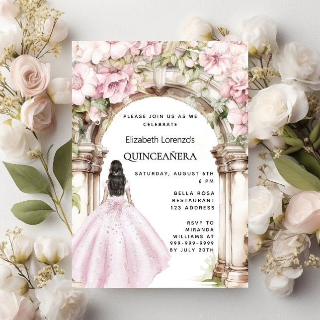 Rosa Blumenkleid Gewand Quinceanera Einladungspostkarte (Von Creator hochgeladen)