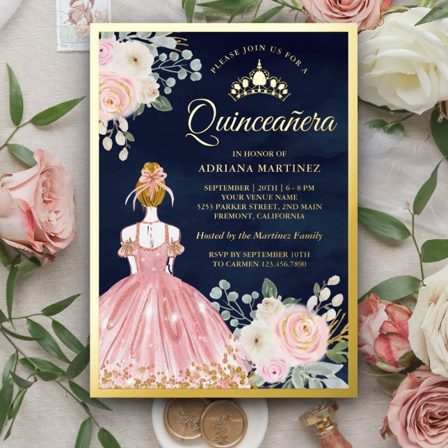 Rosa Blumenkleid Navy Blue Quinceanera Gold Folieneinladung (Von Creator hochgeladen)
